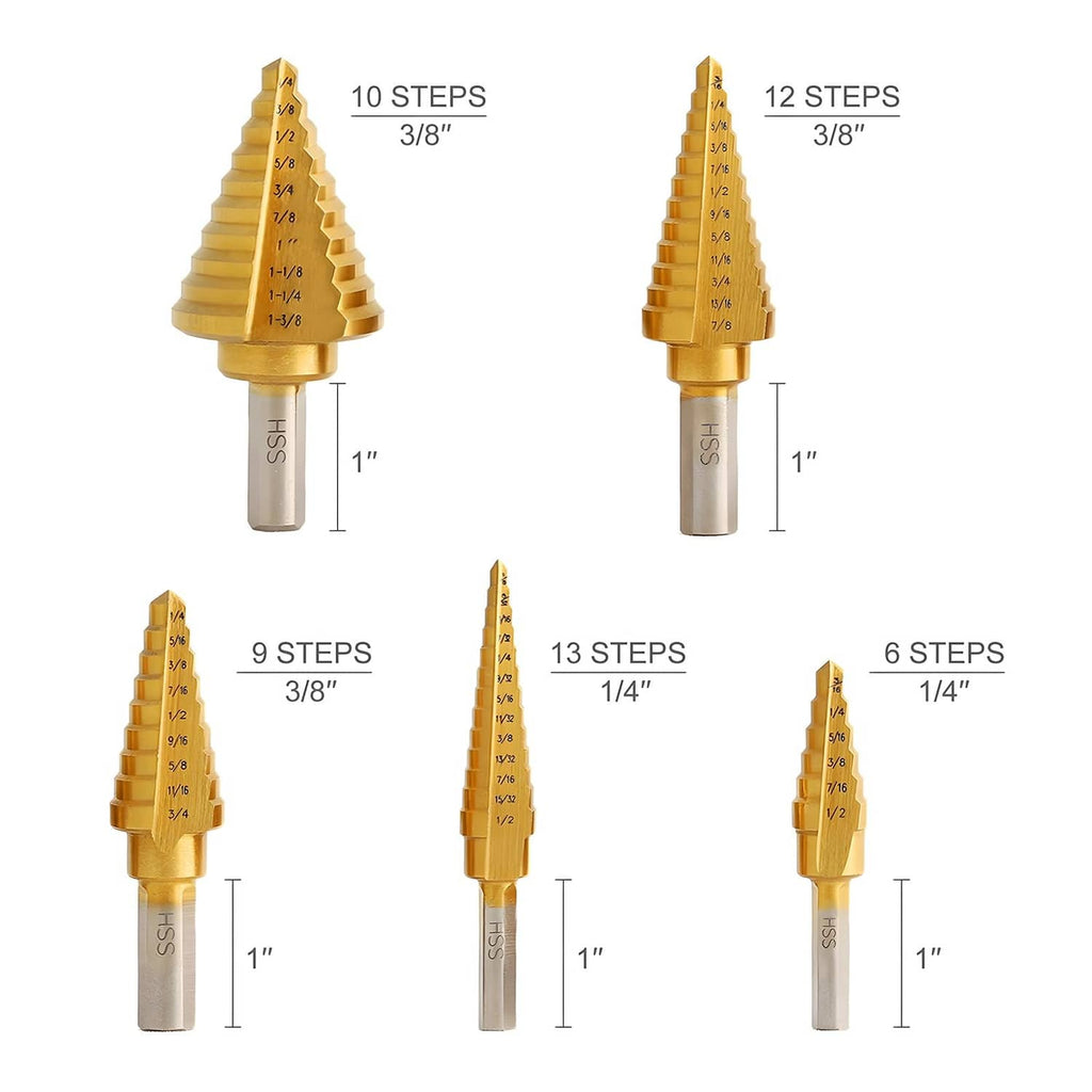 Five gold step drill bits with marked step sizes and silver shanks