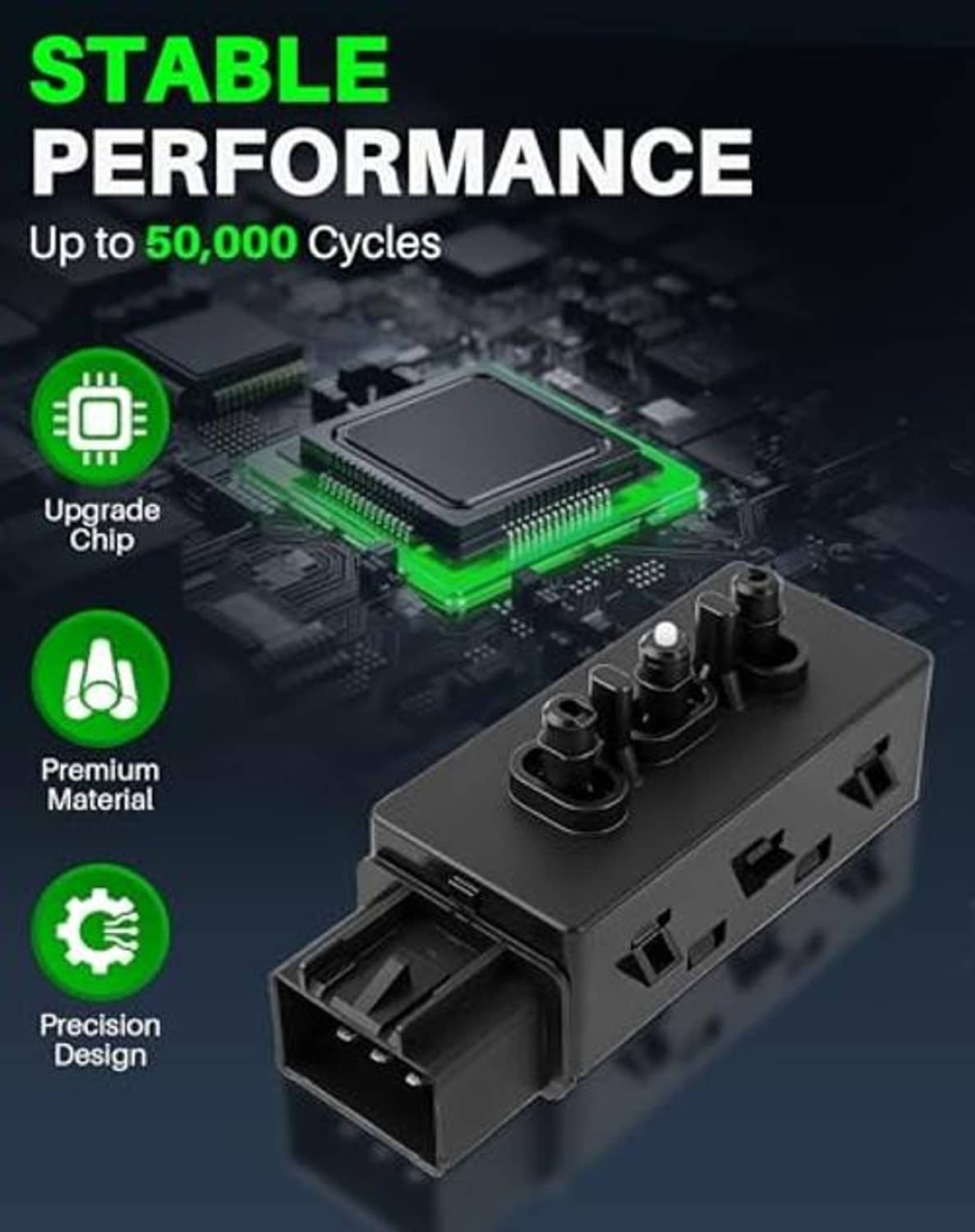 Black power seat switch with internal circuit board illustration and control knobs