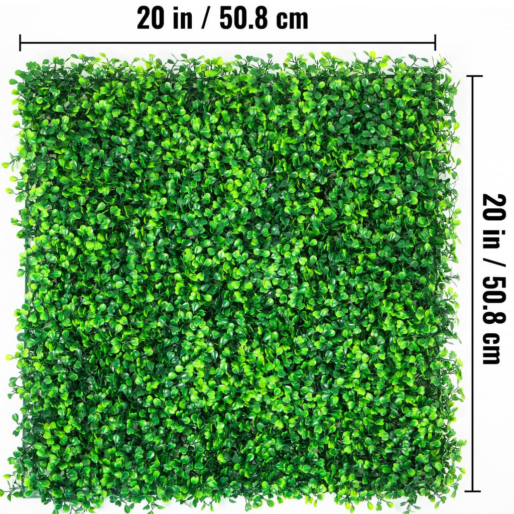 Artificial boxwood hedge panel, dense bright-green foliage with square grid backing