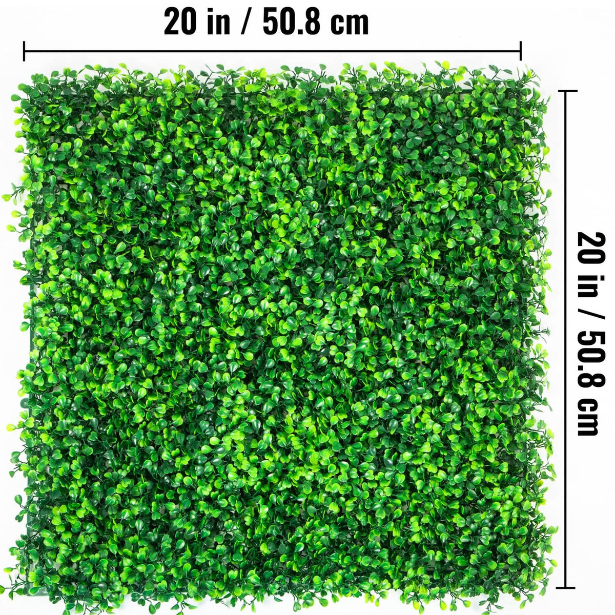 Artificial boxwood hedge panel, dense bright-green foliage with square grid backing