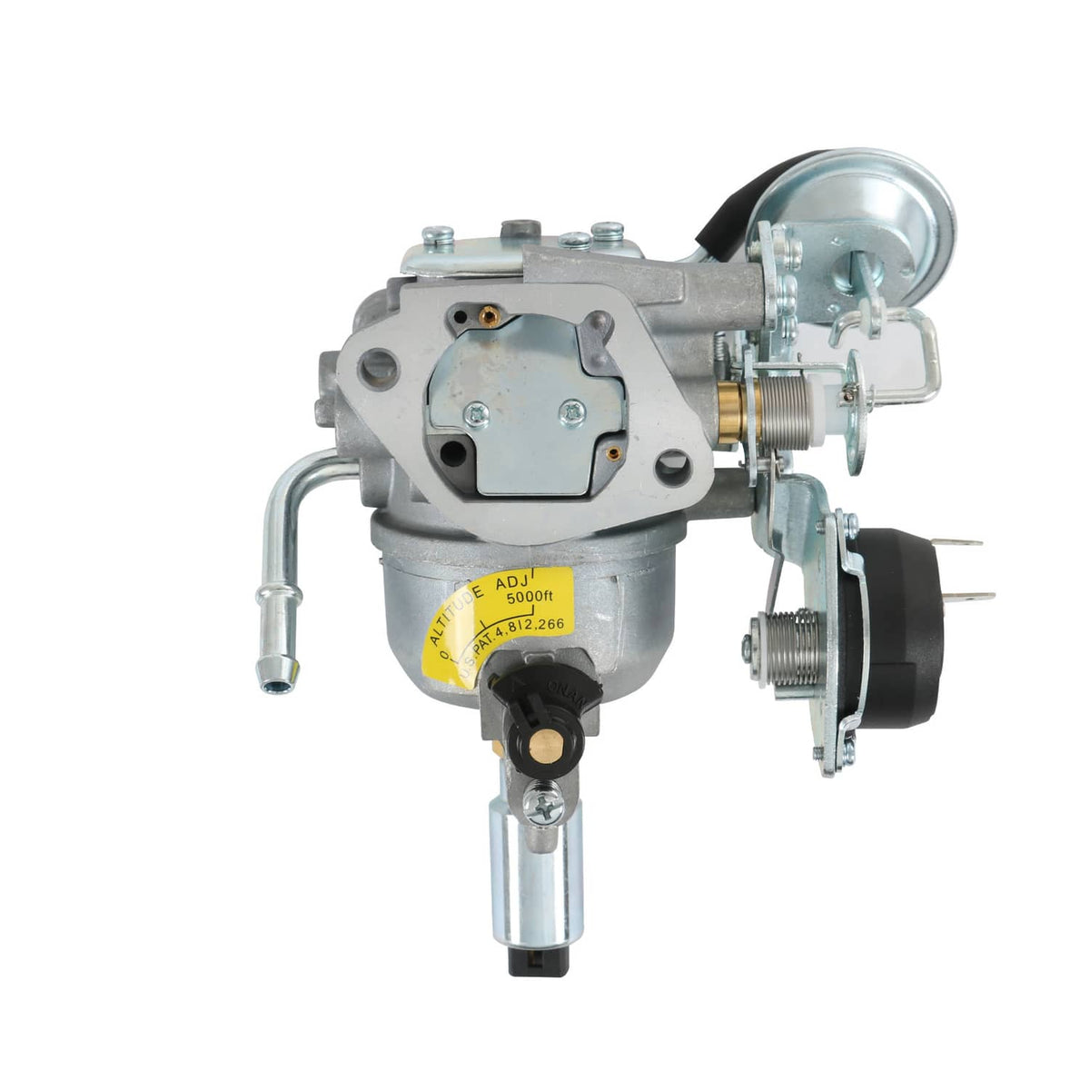Carburetor assembly with mounting flange, hoses, and fuel inlet parts