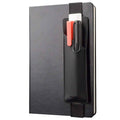 Black adjustable elastic pen holder sleeve with stitched pocket and buckle loop.