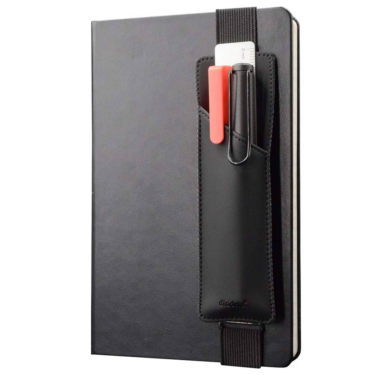Black adjustable elastic pen holder sleeve with stitched pocket and buckle loop.