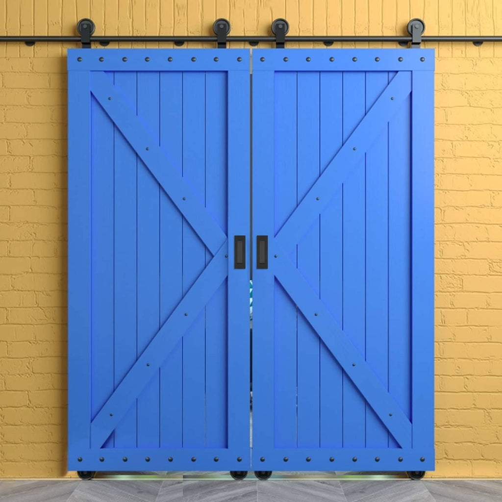 Matte black recessed finger flush pull handles on blue double doors