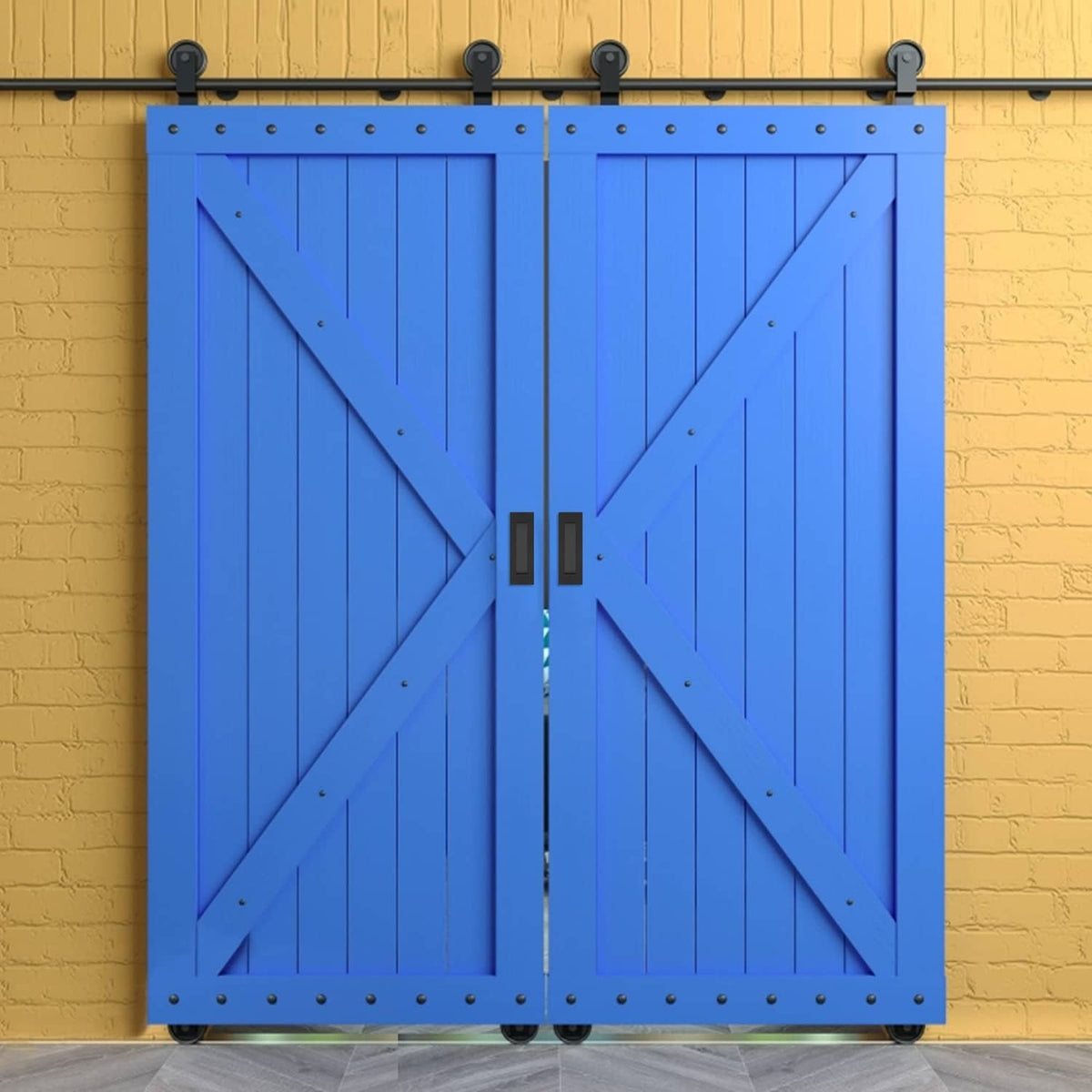 Matte black recessed finger flush pull handles on blue double doors