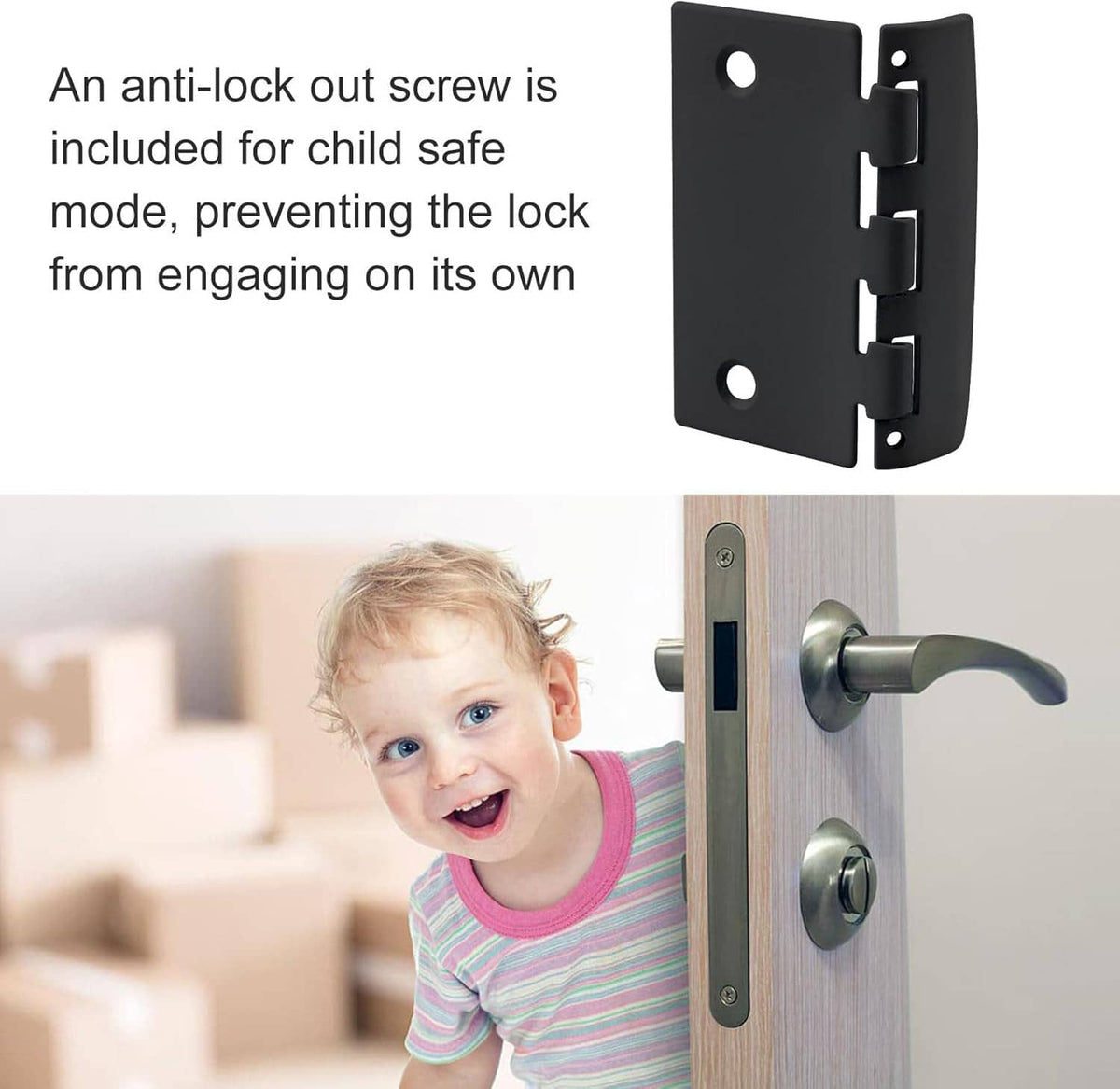 Black flip action door lock with anti-lockout screw for child safety
