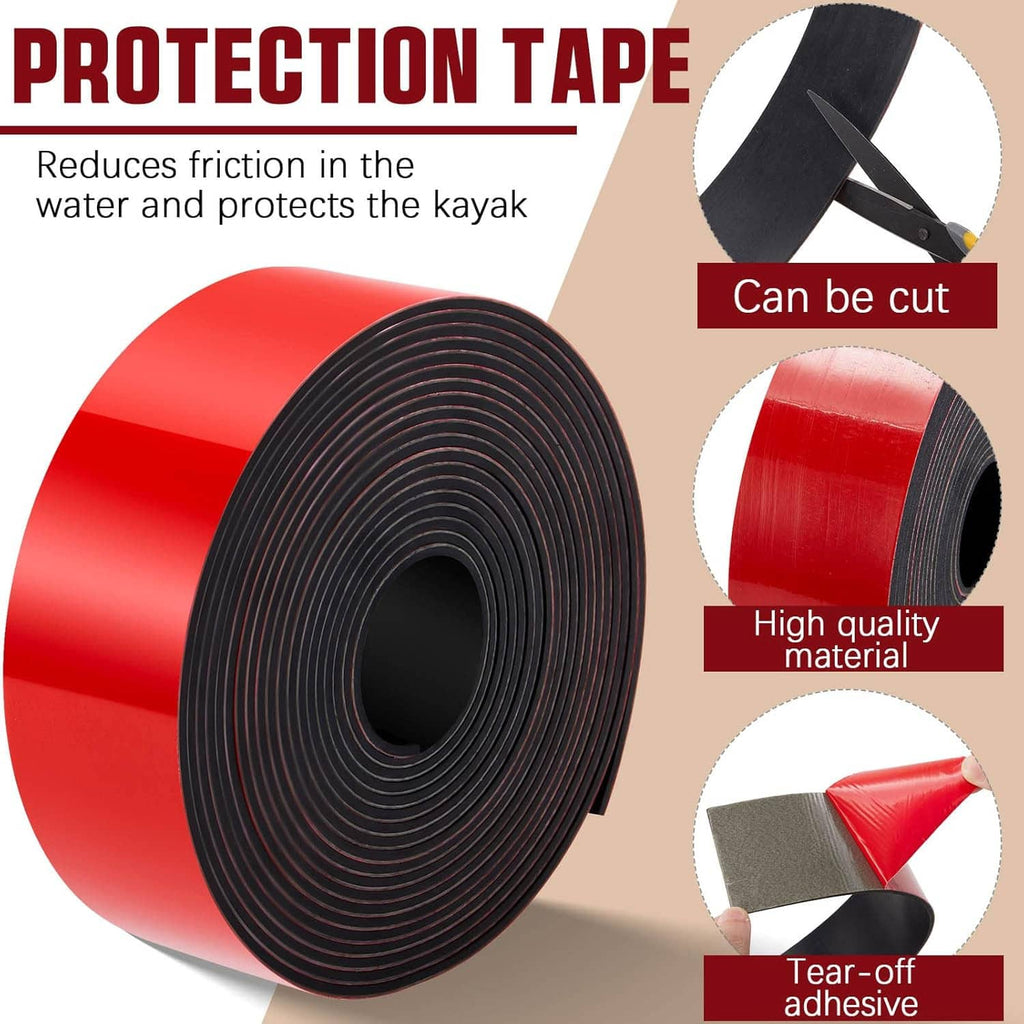 Red kayak keel guard protection tape roll with black edge and coiled backing