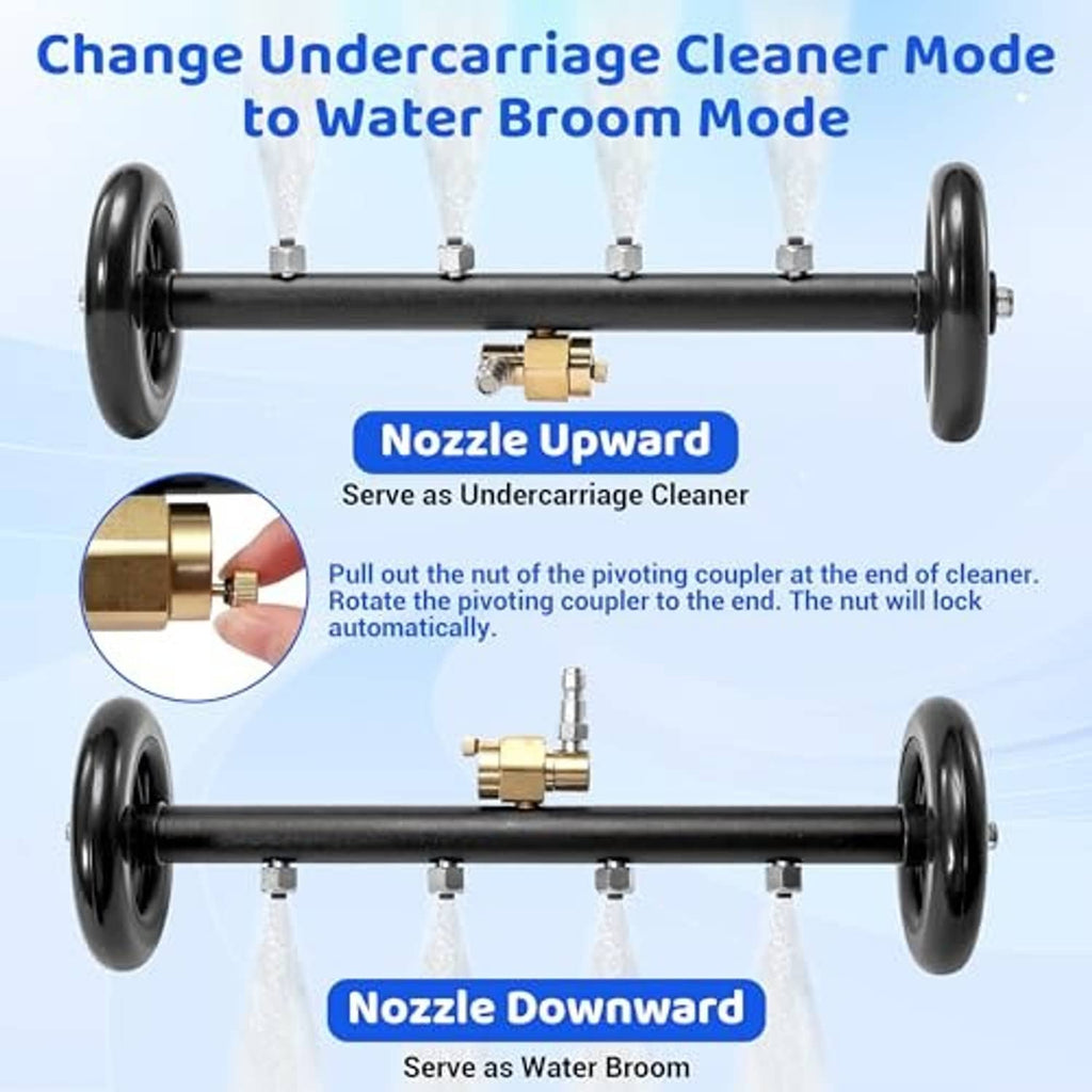 Wheeled undercarriage pressure washer attachment with pivoting brass coupling and nozzle