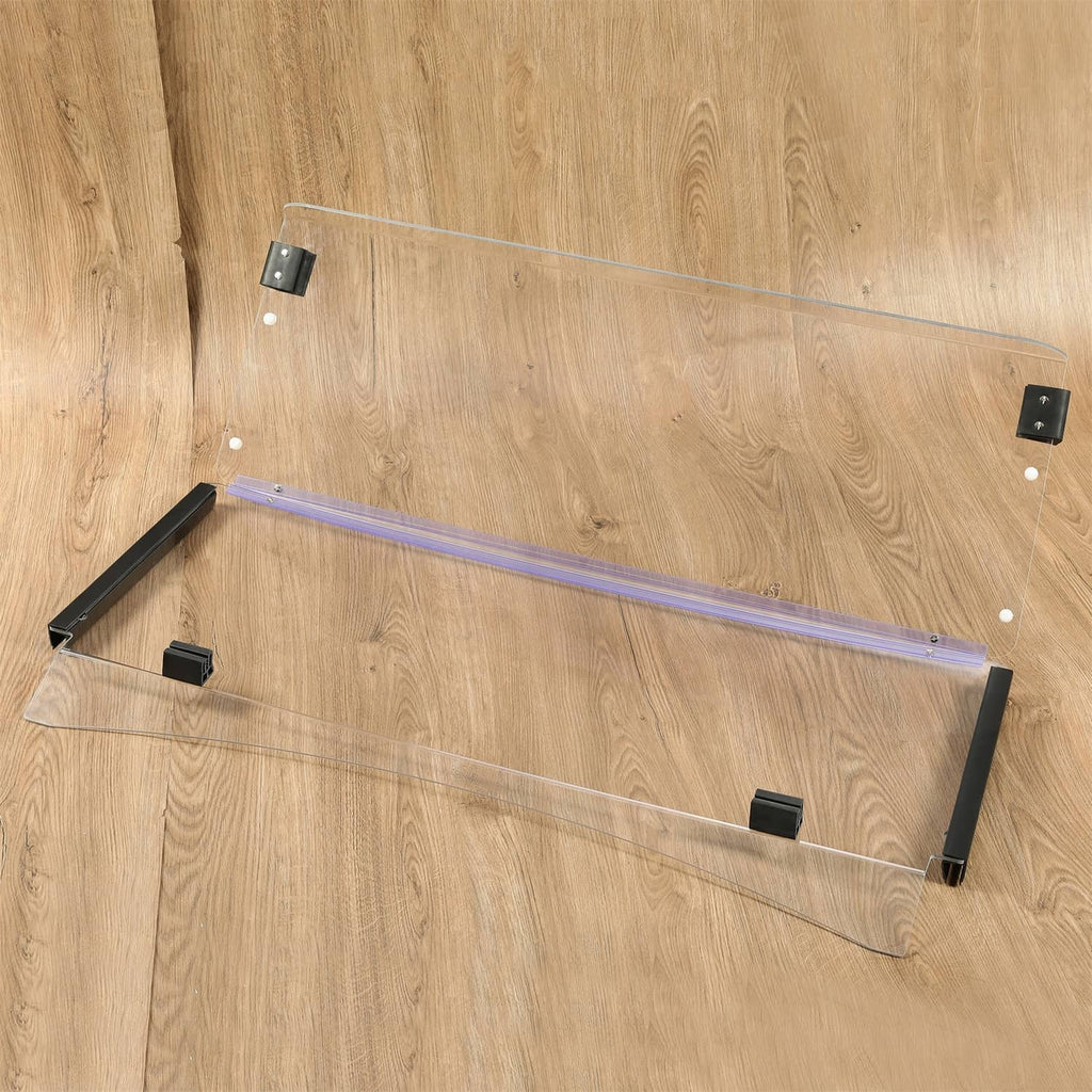 Clear folding golf cart windshield with black mounting feet and blue support bars