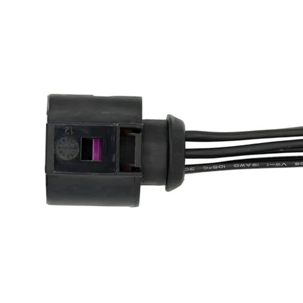 Side view of black 6-pin connector pigtail with purple insert and twin wire leads.