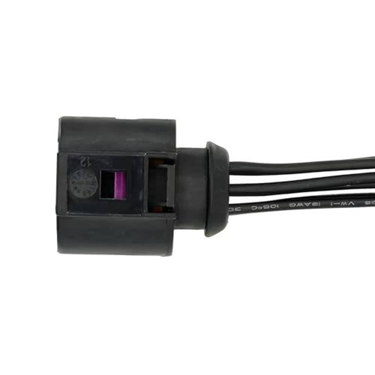 Side view of black 6-pin connector pigtail with purple insert and twin wire leads.