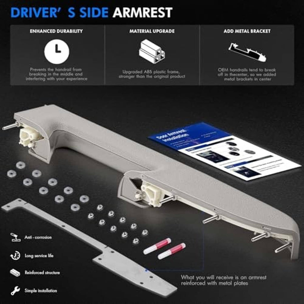 Driver-side gray armrest repair kit with metal bracket plate, screws, and instructions