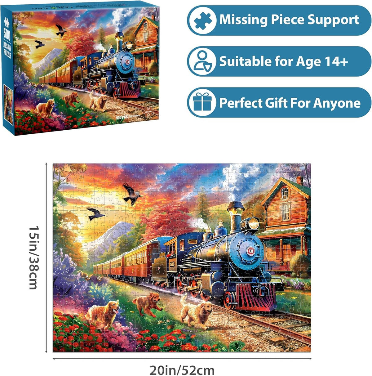 500-piece jigsaw puzzle box with steam train, dogs, and colorful countryside artwork