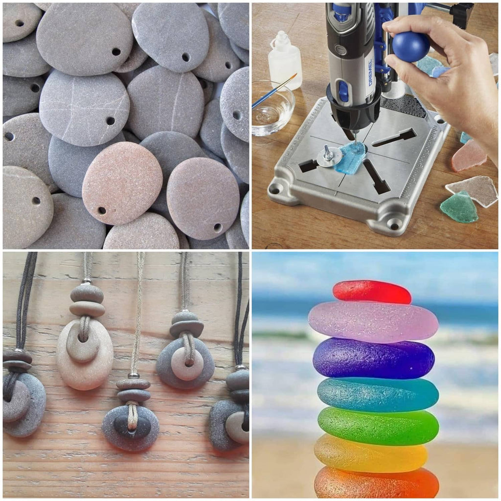 Round gray stone discs with holes, plus diamond drilling on a small blue piece