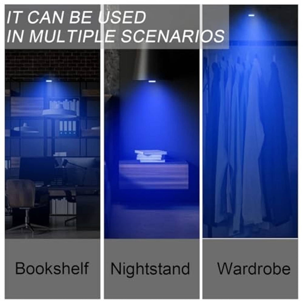 Wireless LED lights casting blue glow in an indoor room for ambient mood lighting.