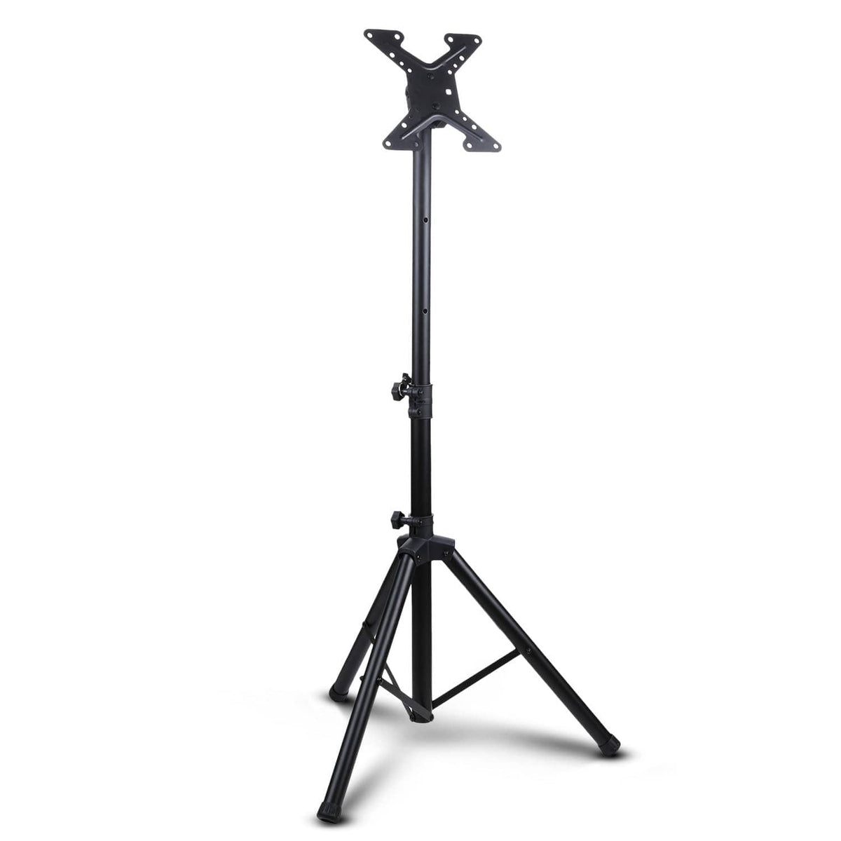Portable tripod TV stand with VESA mount plate and adjustable center pole, black