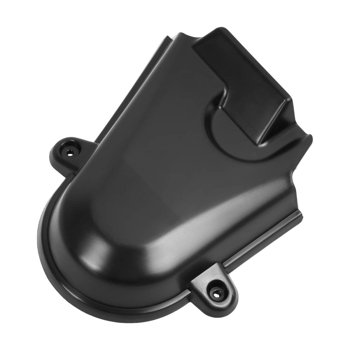 Left-side deck pulley cover, black molded plastic with mounting bracket and lip