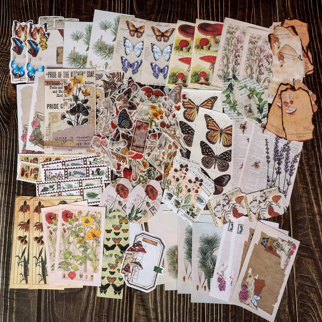 Vintage journal sticker and paper pack with butterflies, floral prints, and ticket-style tags
