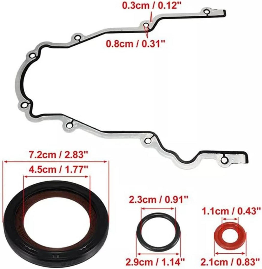 Engine gasket and oil seal set with red measurement callouts and three seal pieces
