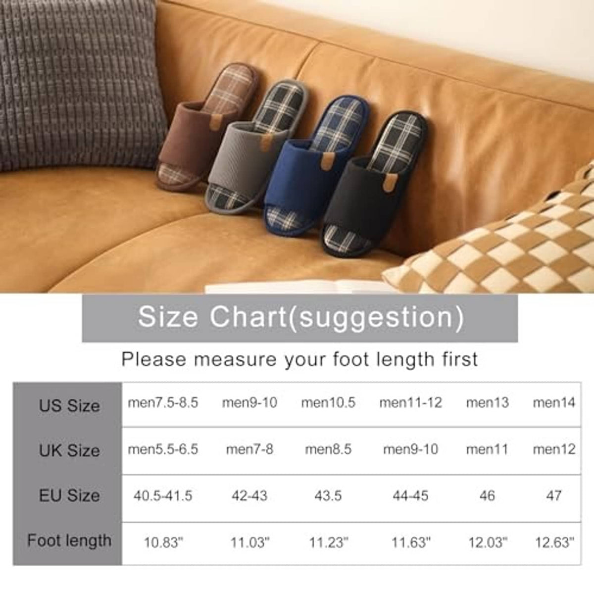 Set of corduroy slip-on slippers in brown, blue, and plaid styles by a couch
