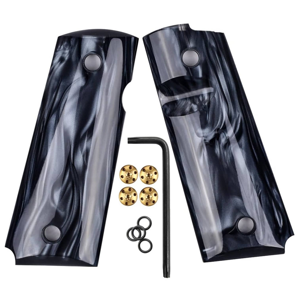 Pair of black synthetic pearl 1911 grip panels with ambidextrous cutouts and finger grooves