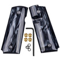 Pair of black synthetic pearl 1911 grip panels with ambidextrous cutouts and finger grooves