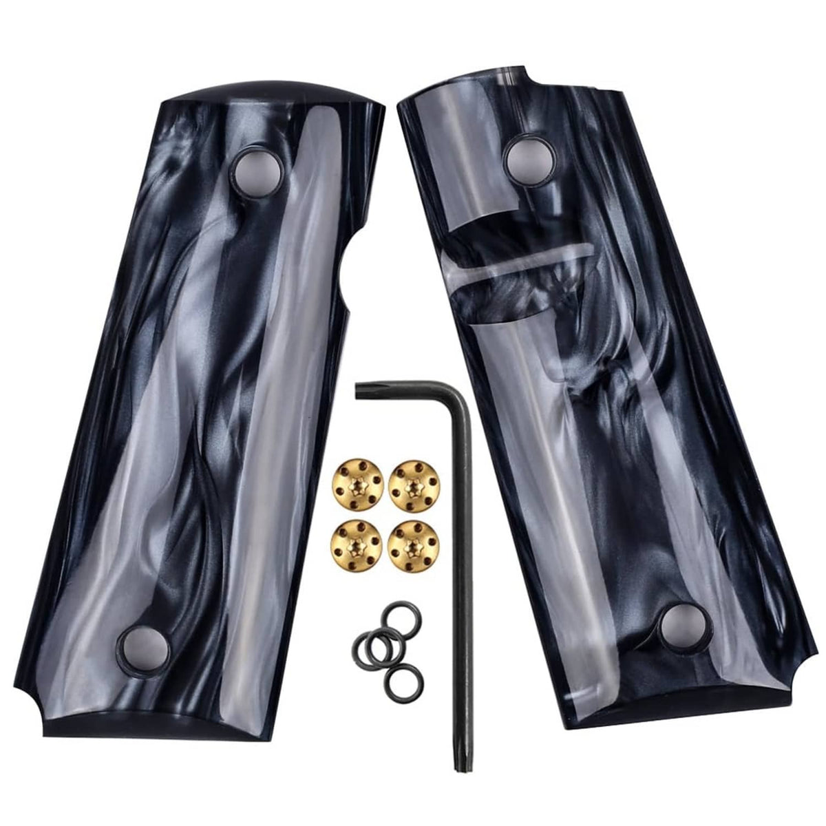 Pair of black synthetic pearl 1911 grip panels with ambidextrous cutouts and finger grooves