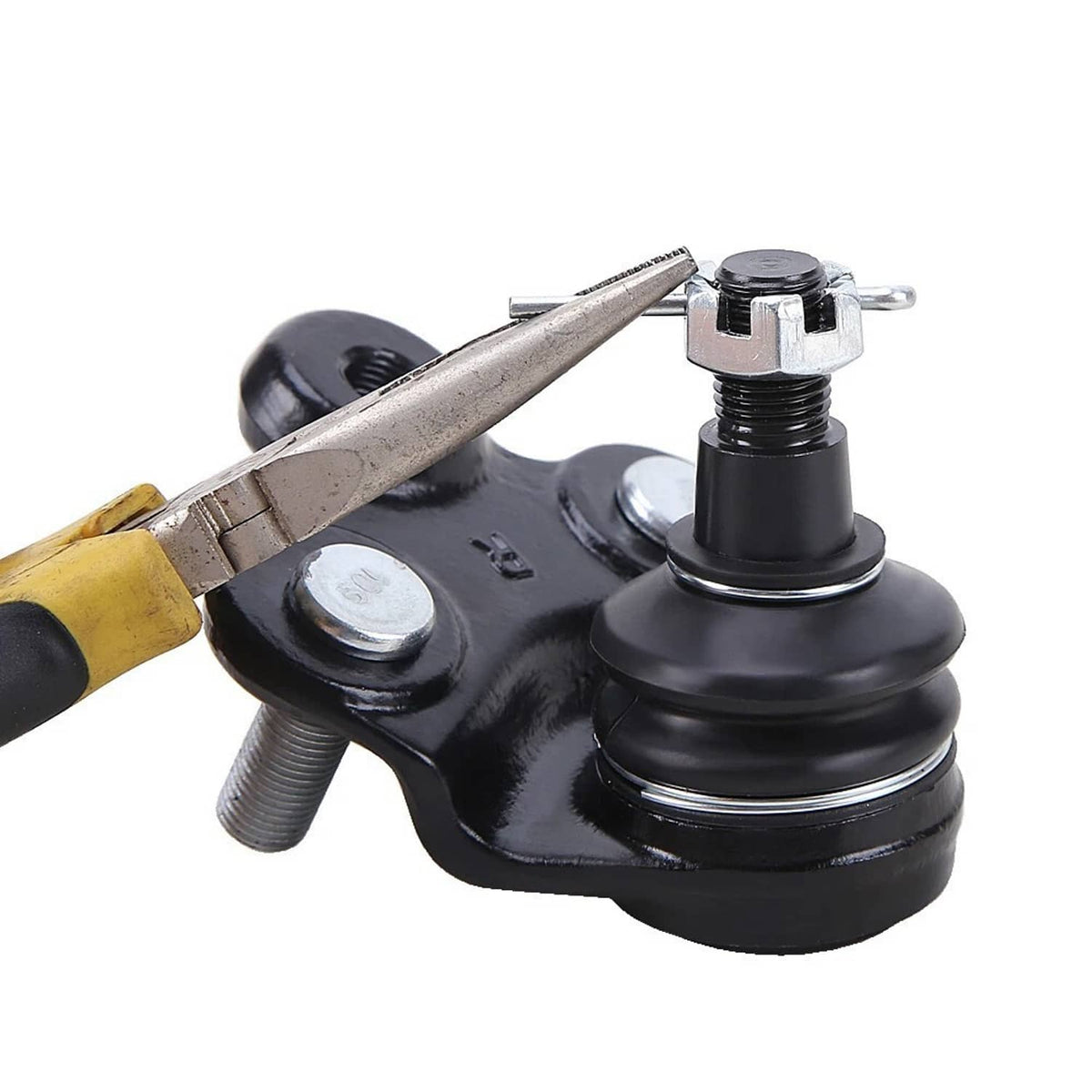 Close-up of black ball joint with control arm bracket and threaded stud