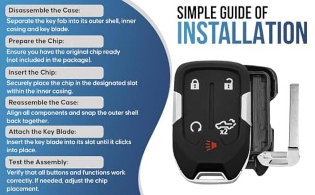 Black key fob shell with visible button layout and inner case view for chip install