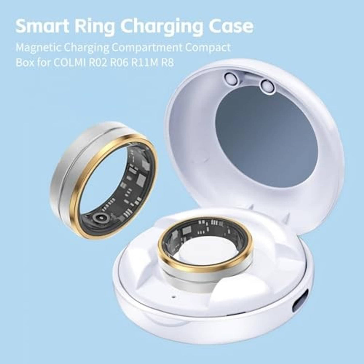 White smart ring charging case with ring beside it and open magnetic charging bay
