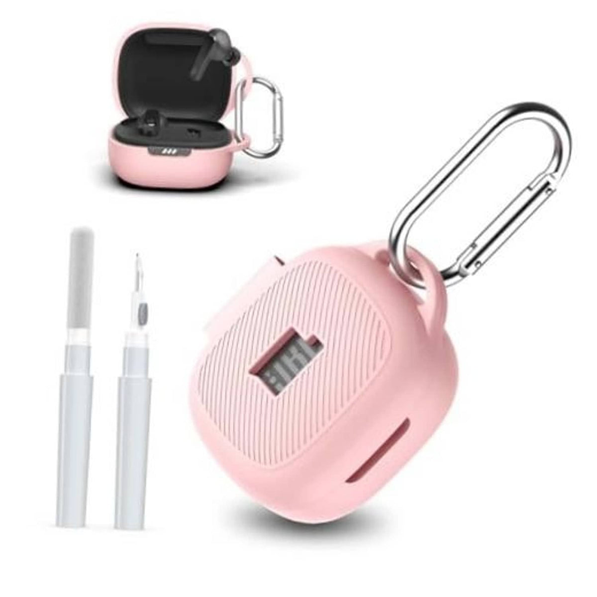 Pink protective earbud case cover with carabiner and cleaning kit tools