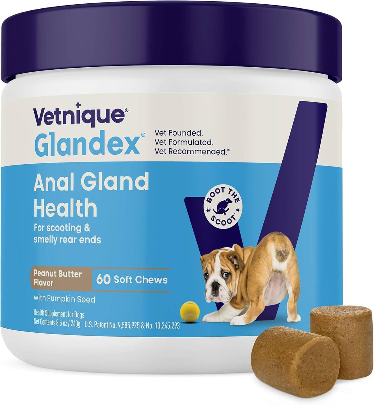 Dog anal gland health chew jar with tan pumpkin-flavored soft chews, front view