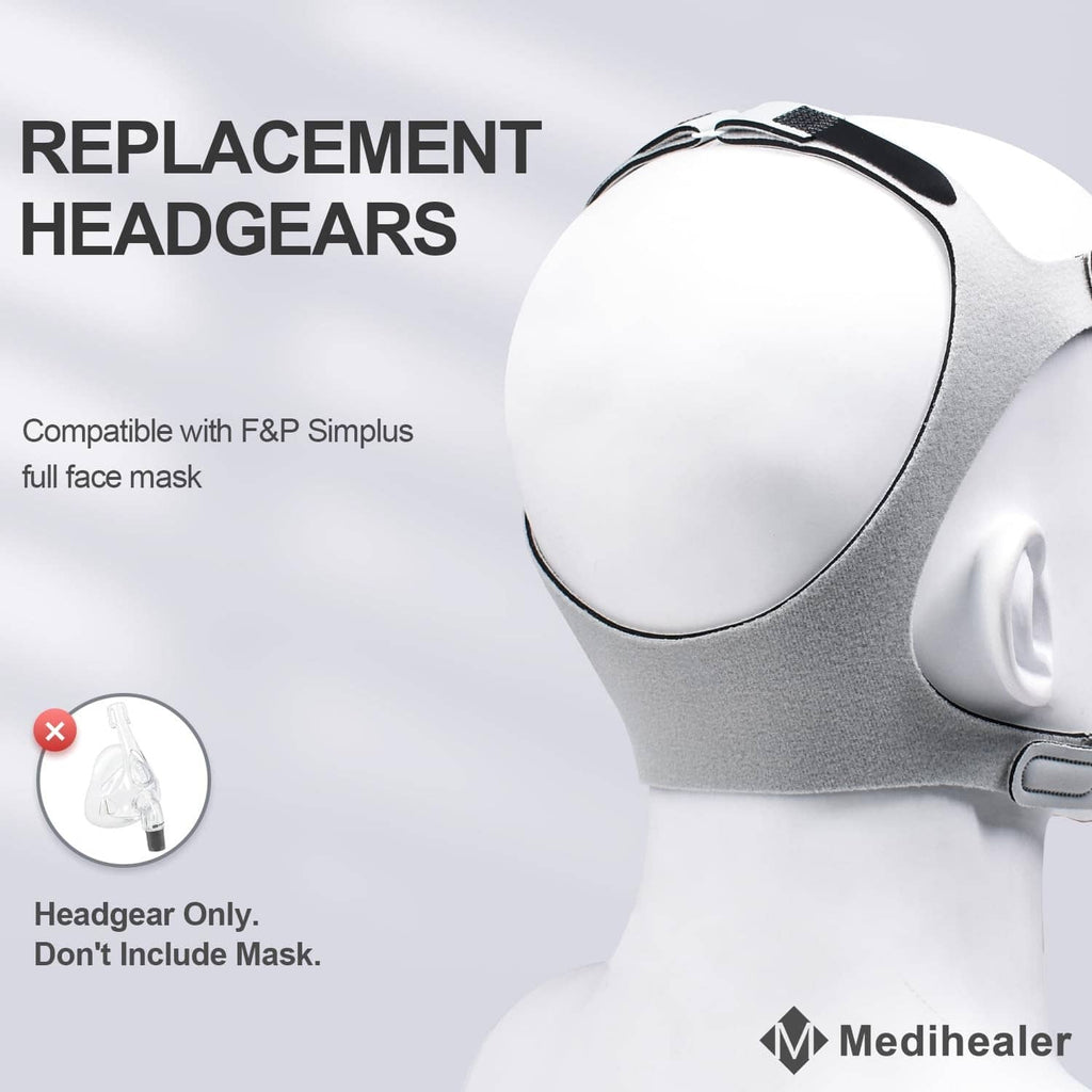 Gray full-face CPAP headgear replacement with black top strap and side seal pads
