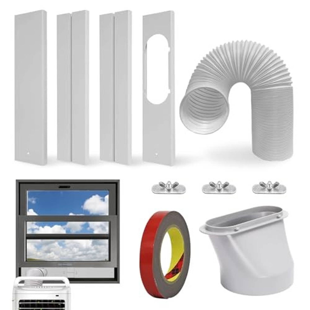 Air conditioner window vent kit parts set: white panels, flexible duct, seal bucket