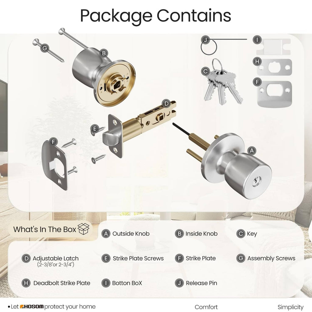 Door knob lock package contains parts: outside knob, inside knob, key, strike plates, screws