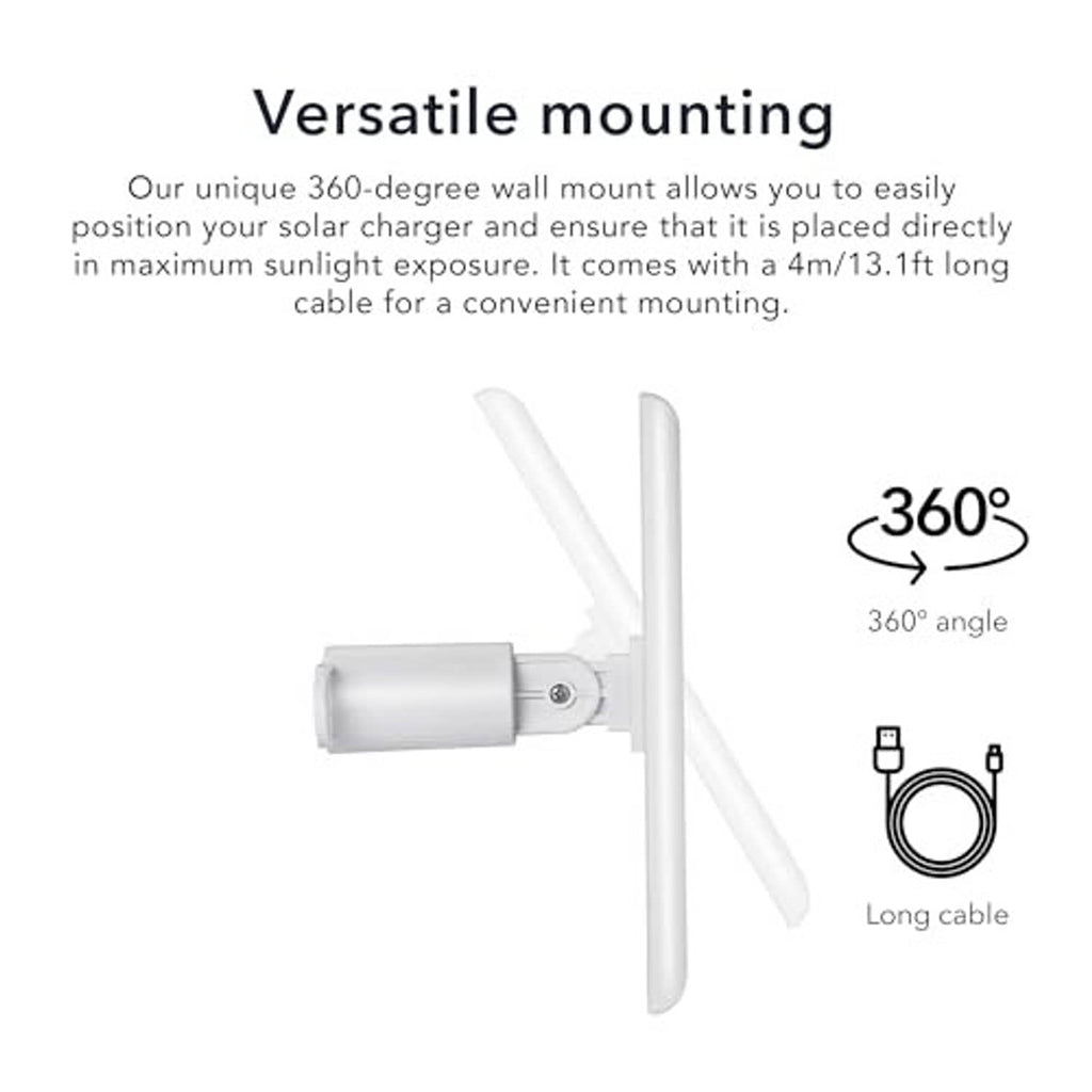 White solar panel wall-mount bracket with adjustable arm and long charging cable