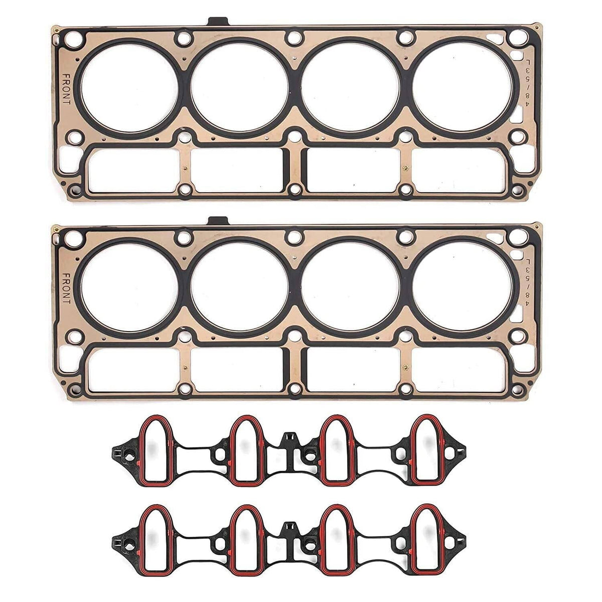 Cylinder head gasket kit: two long head gaskets with bore openings and several smaller gaskets