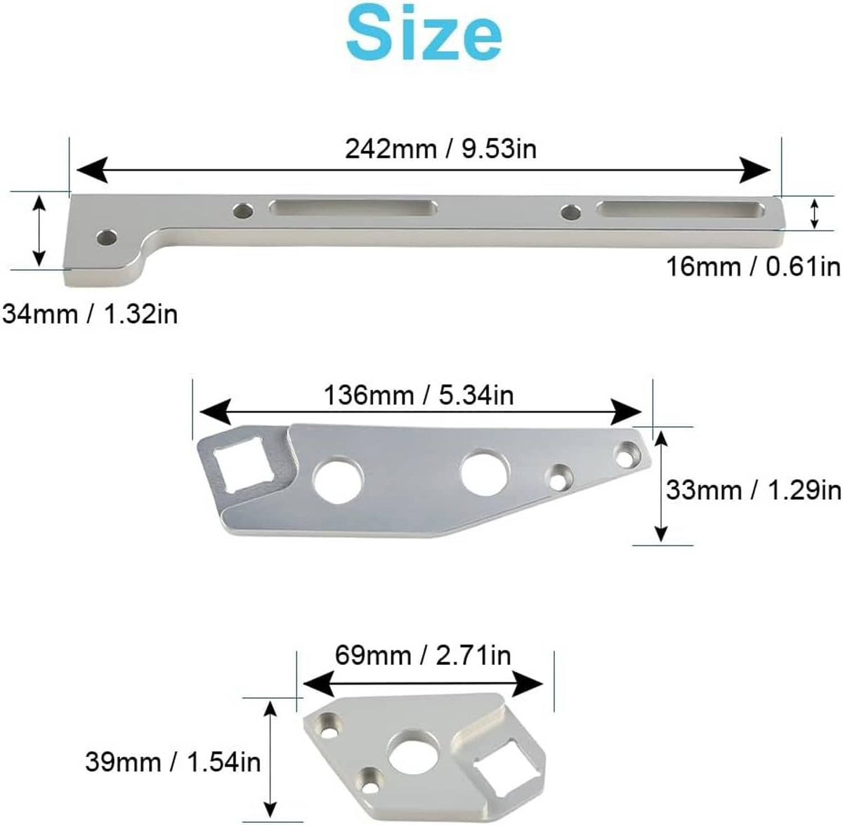 Aluminum throttle cable bracket measuring plate with mounting holes, silver