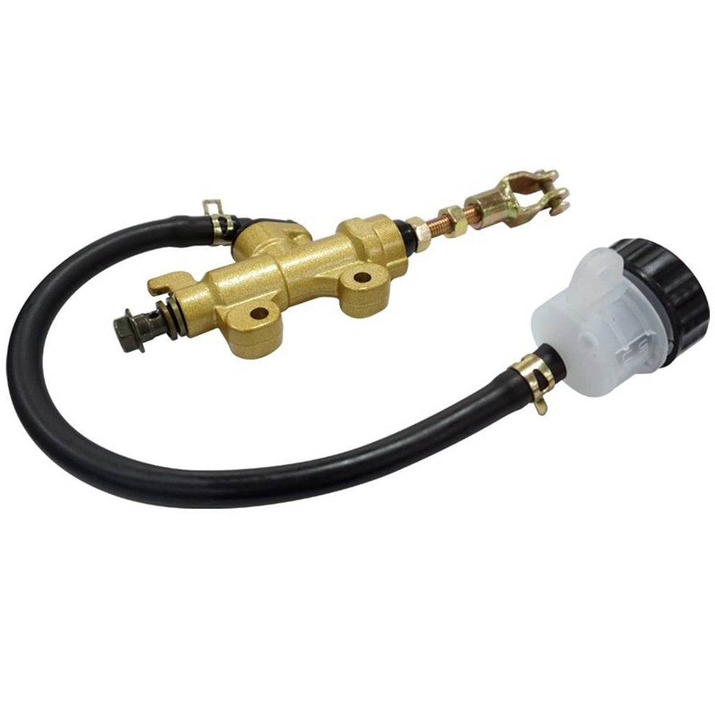Brake master cylinder pump assembly with gold body, lever outlet, and clear fluid reservoir