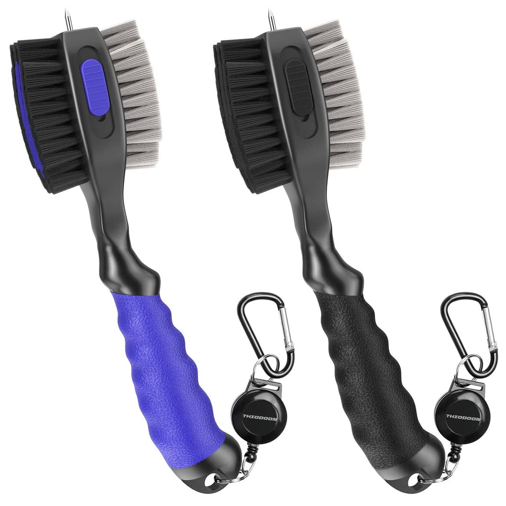 2-pack golf club brushes with retractable groove cleaner, black and blue handles