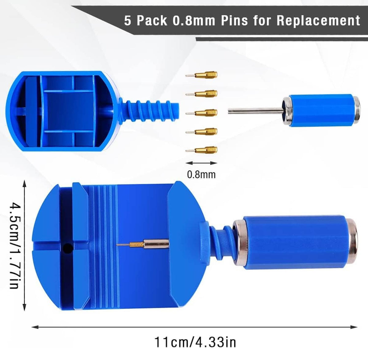 Blue watch band pin remover tool with 0.8mm replacement pins in a blue base