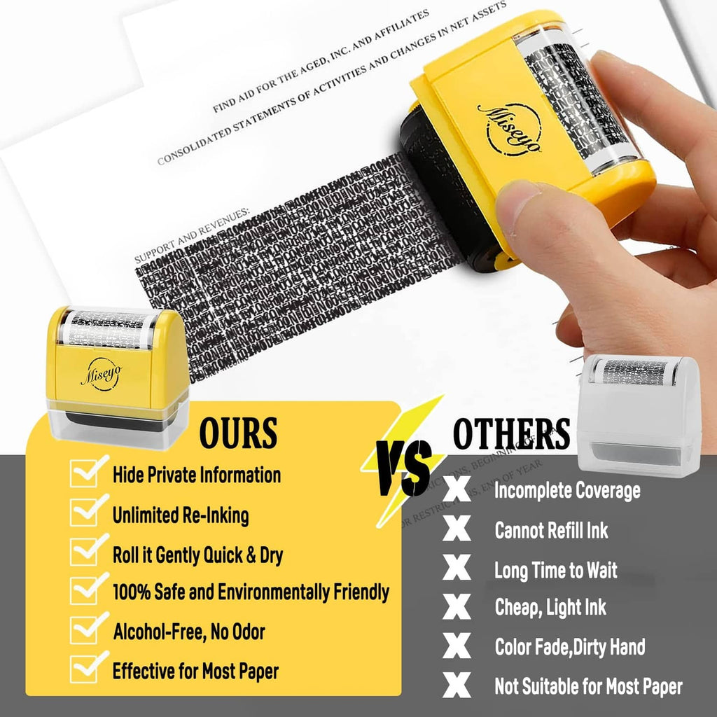 Yellow roller stamp in use with hand, beside an 'ours vs others' checklist graphic