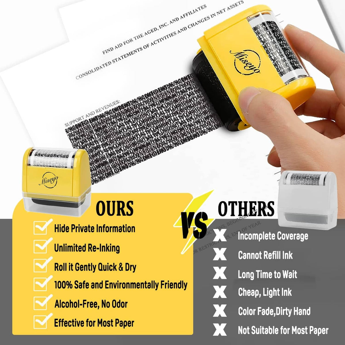Yellow roller stamp in use with hand, beside an 'ours vs others' checklist graphic