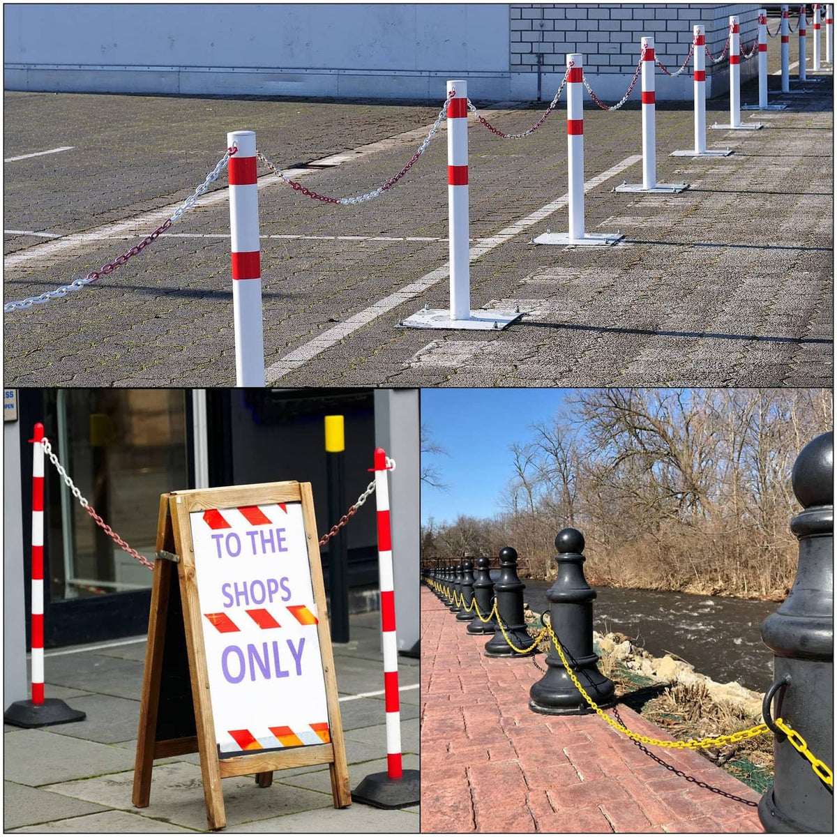 White plastic chain links barrier line with upright posts