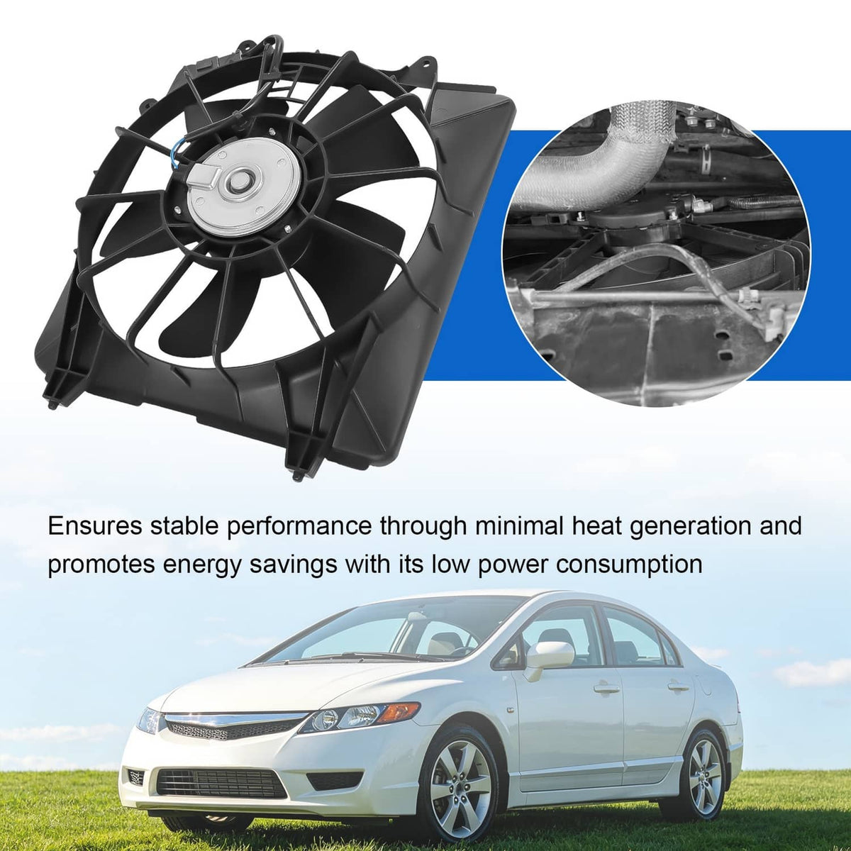 Radiator cooling fan assembly with mounting frame and fan blades, angled view