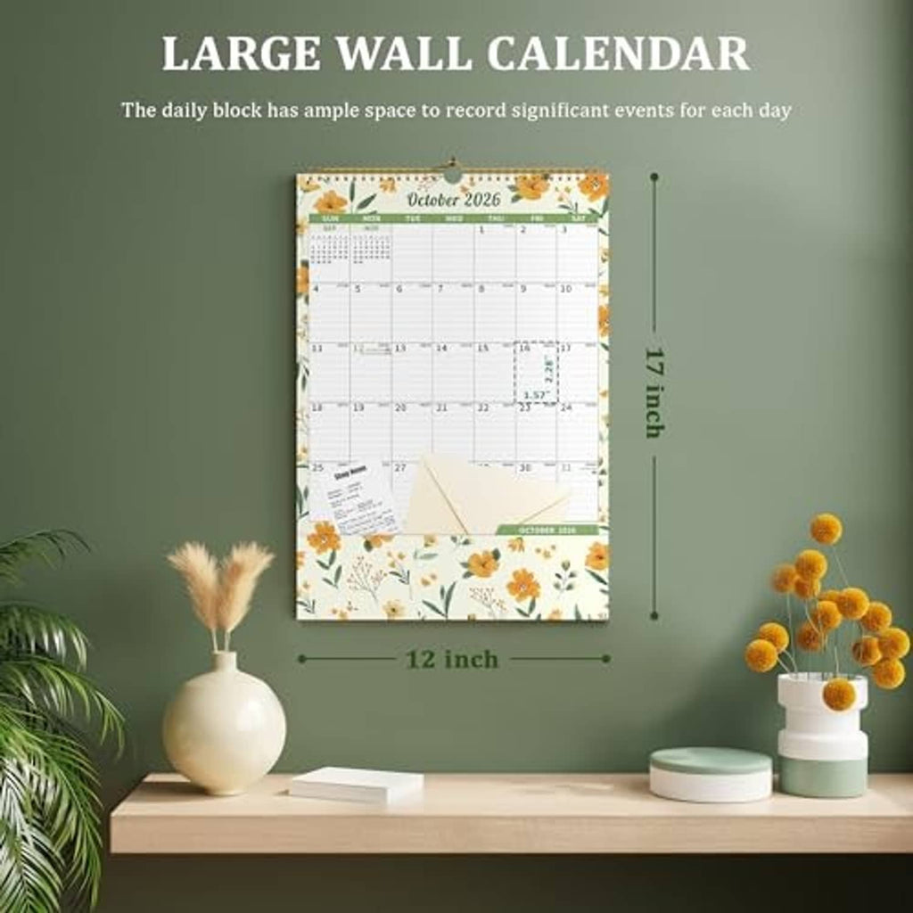 Large floral wall calendar, spiral-bound monthly blocks, 12-inch wide