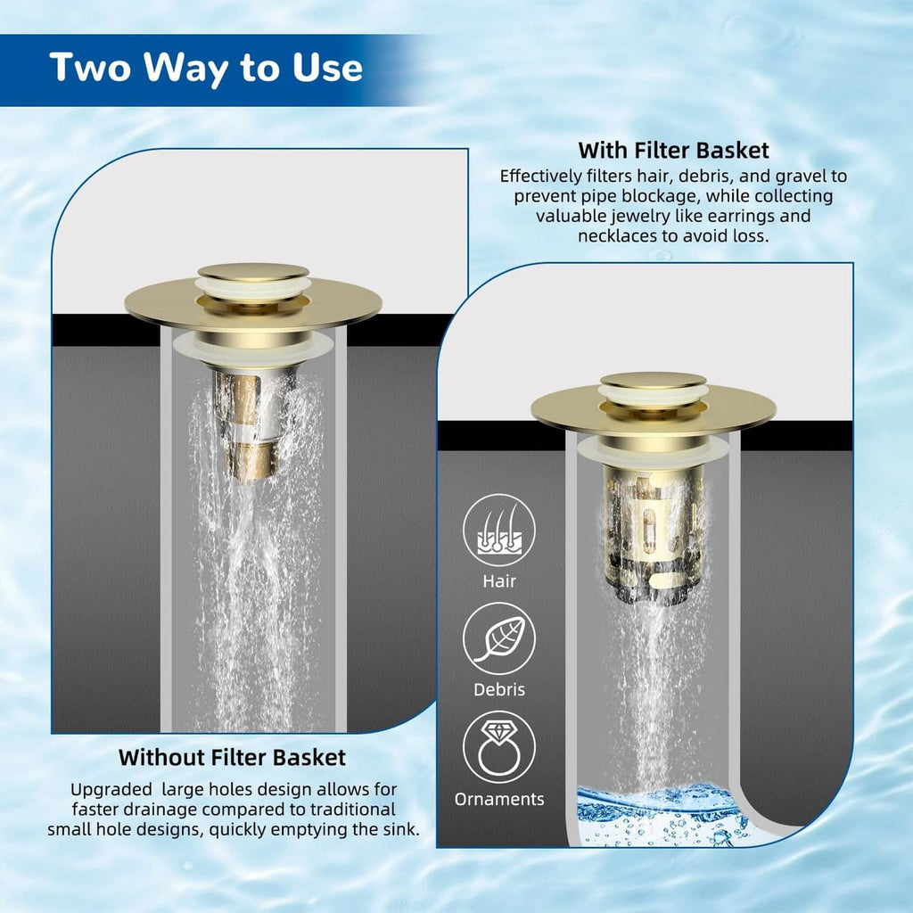 Brushed gold pop-up drain strainer with filter basket insert, shown in open position
