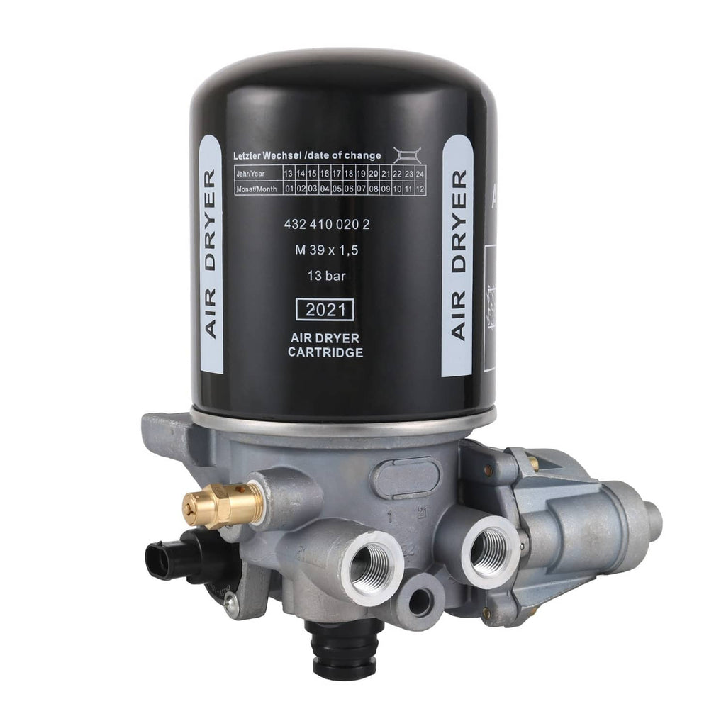 Air dryer cartridge assembly with labeled black canister and multiple pneumatic fittings