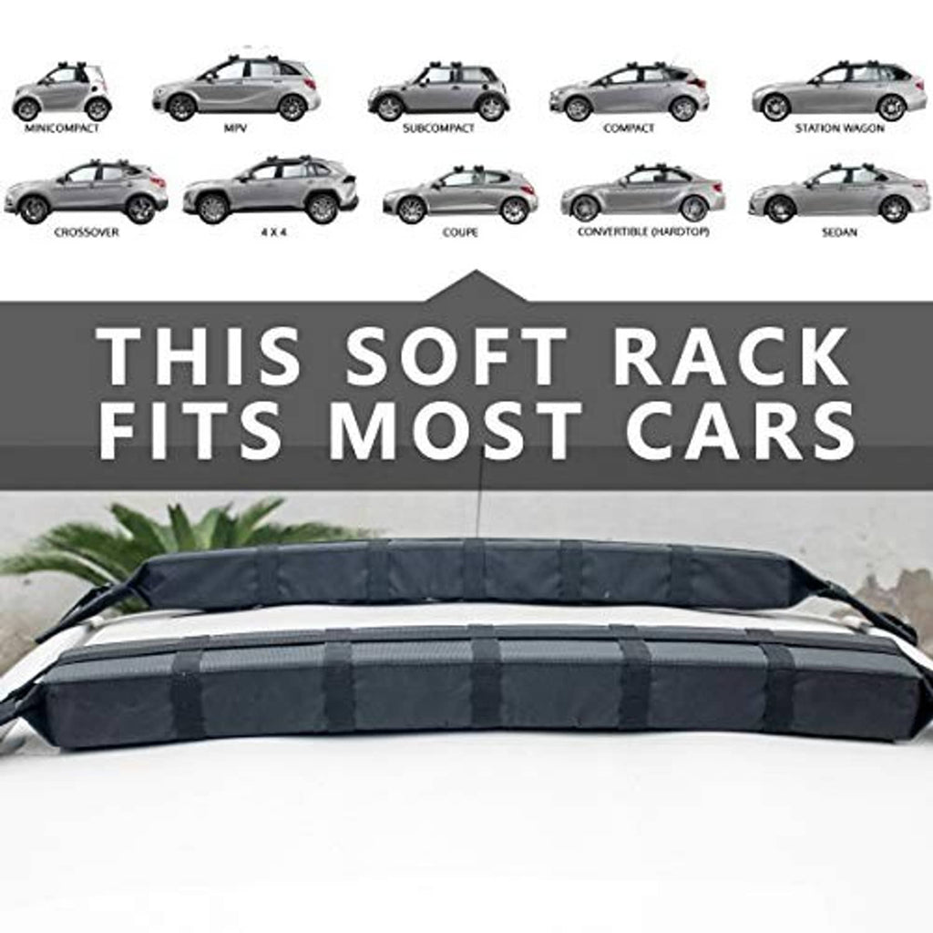 Black soft roof rack pads placed across car roof for kayak or board carrying