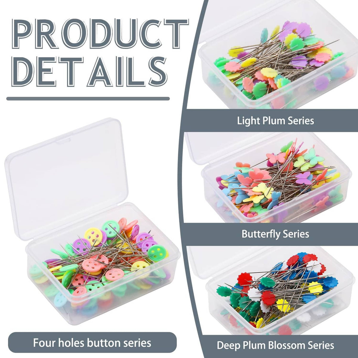 Flat head straight pins set with decorative button and blossom series in clear compartment
